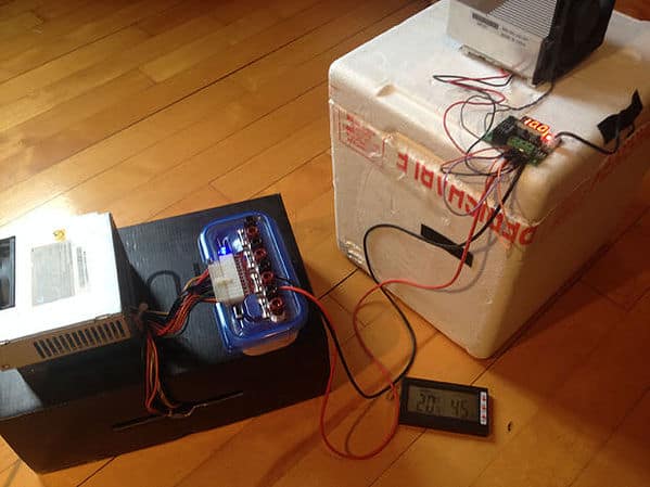 Homemade thermoelectric Peltier cooler using TEC1-12706 and W1209 temperature control switch.