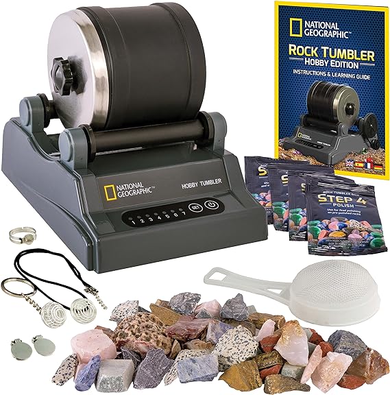 Best rock tumbler for beginners, kids and professionals: National Geographic Hobby Rock Tumbler Kit (1 pound capacity) on Amazon