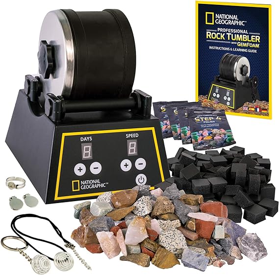 Best rock tumbler for beginners, kids and professionals: National Geographic Pro 3 Complete Rock Tumbler Kit with Patented Reusable GemFoam Polisher