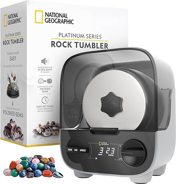 NATIONAL GEOGRAPHIC Professional Rock Tumbling Kit - Patent-Pending Rock Polisher for Kids & Adults, Platinum Series Ultra Quiet, 2 lb. Barrel, Rocks, Grit, GemFoam Polisher, Rock Tumblers for Adults