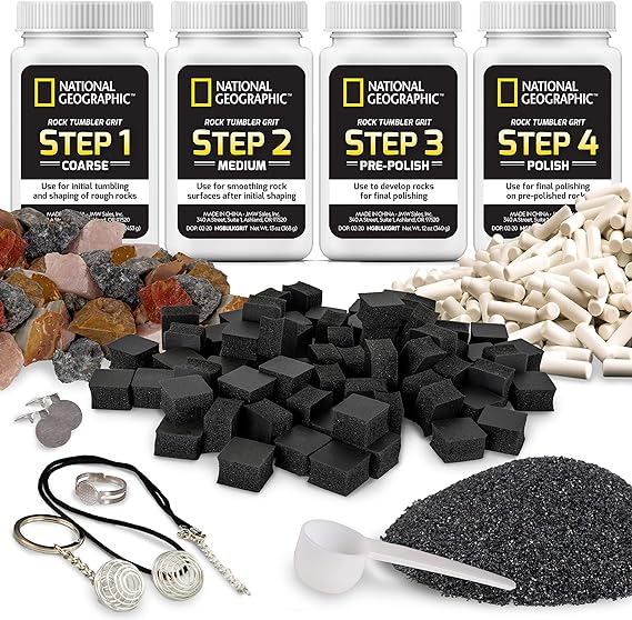 NATIONAL GEOGRAPHIC Rock Tumbler Media – Rock Polisher Tumbler Kit, 4 Stage Rock Tumbler Grit and Polish, Ceramic Pellets, GemFoam Polishing Foam, 3 lbs Madagascar Rocks, Great for All Rock Tumblers